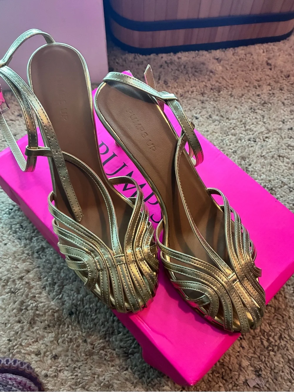 Source Unknown Gold Strappy Peep-Toe Slingback Heels